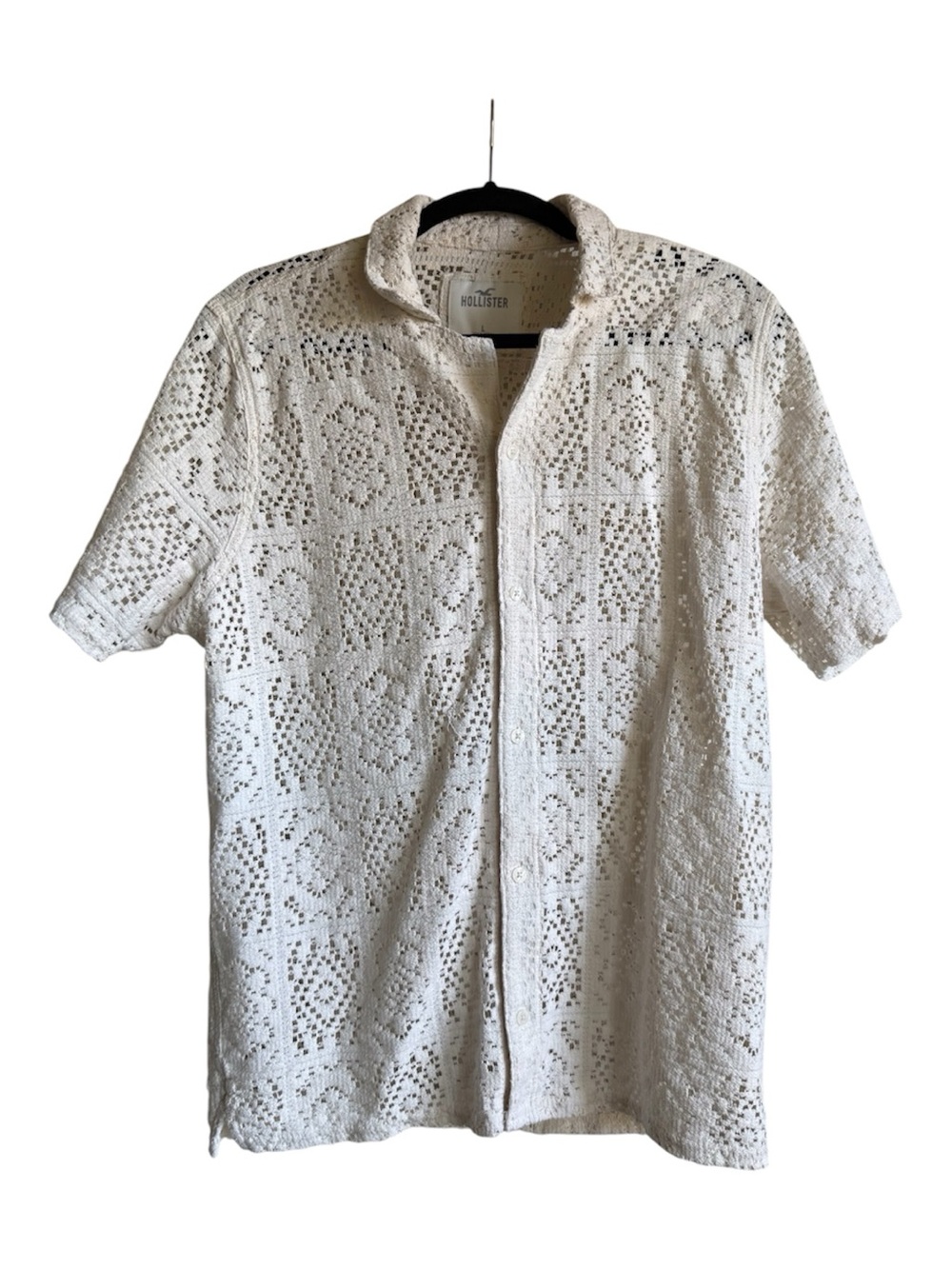 Hollister Men's Off White Crochet Short-Sleeve Button-Down Shirt Excellent Cond